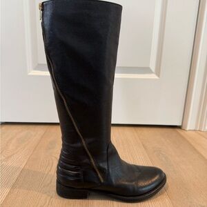 Black Leather Knee-High Boots with Gold Zipper